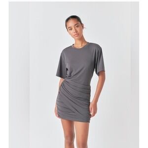 Grey Lab Ruched Mini Dress Women Size M Grey New Short Sleeve Crew Neck Side Zip